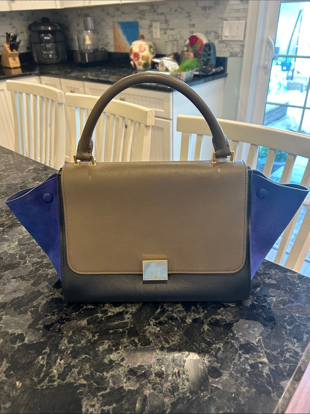 Celine three tone Top Handle Trapeze bag in Taupe, Black & Blue Suede sale!